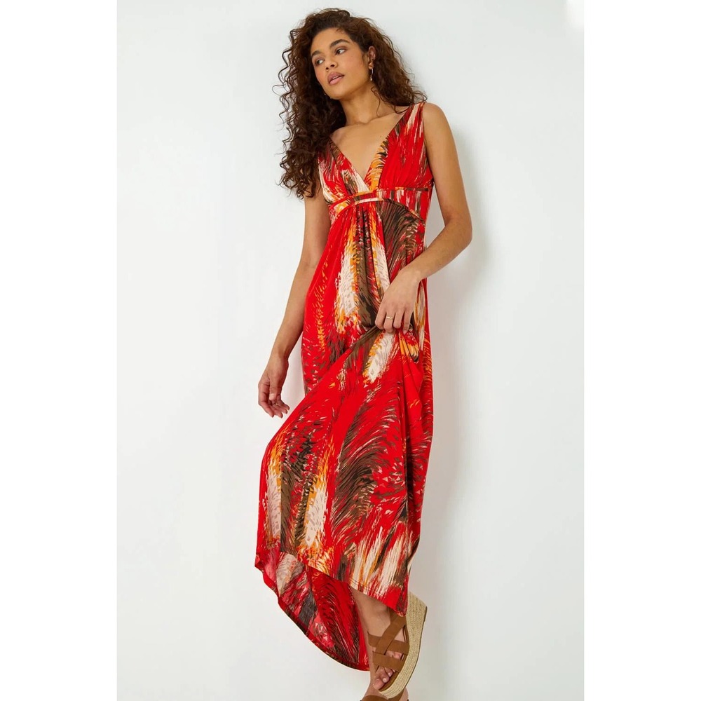 NWT Long Tall Sally Abstract Feather Print Stretch Jersey Maxi Dress US 20 Red